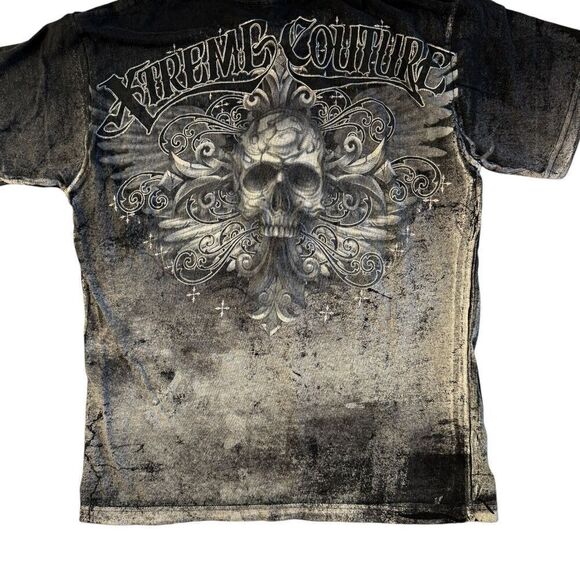 Xtreme Couture Affliction T Shirt Black Skull Skeleton All Over Print Sz Medium - Picture 9 of 11